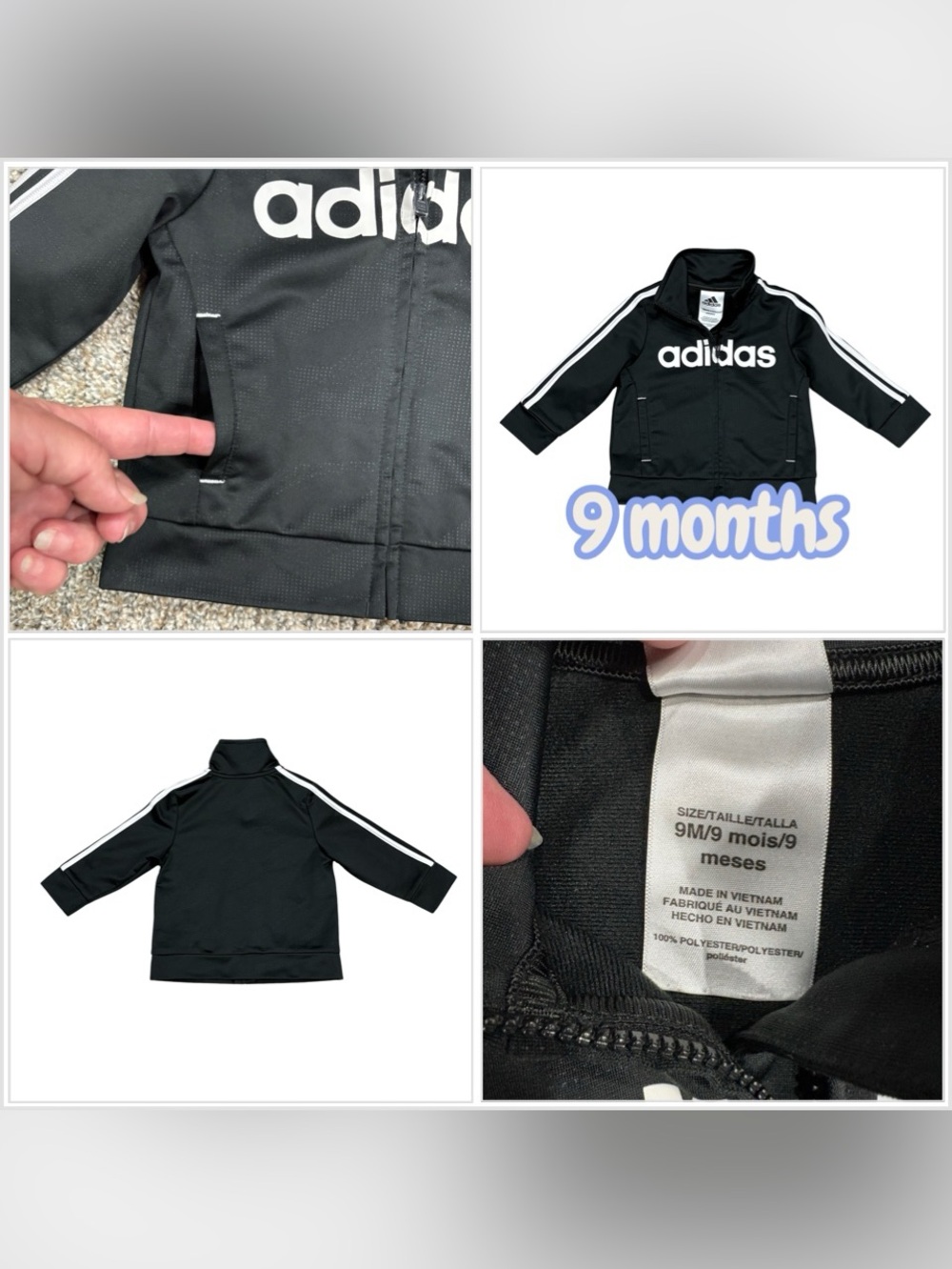 Boys Girls Adidas Baby 9 Mo Months Full Zip Track Jacket Black White Long Sleeve